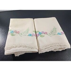 Vintage White Embroidered pillow Cases Granny Style Pink and Green Flowers  #2